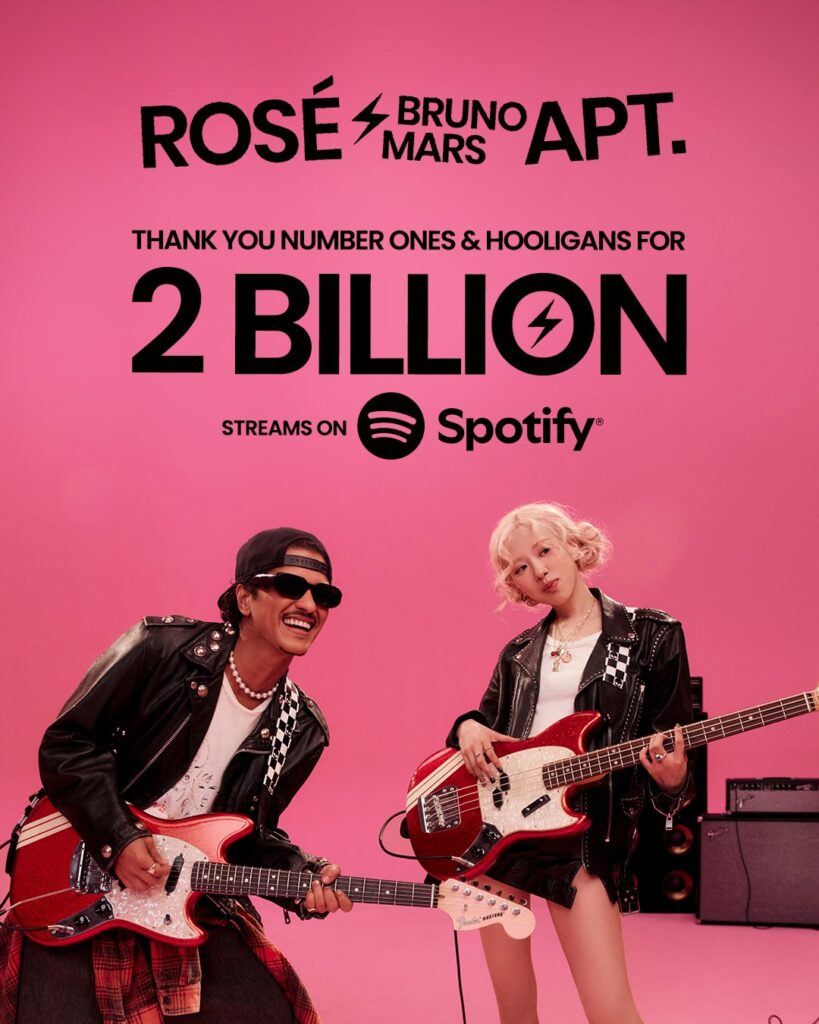 Rosé Bruno Mars Apt Reaches 2 Billion Streams On Spotify